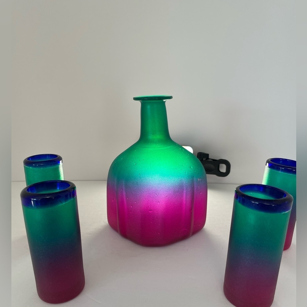Vintage Tequila Decanter with shot glasses. Hand blown glass